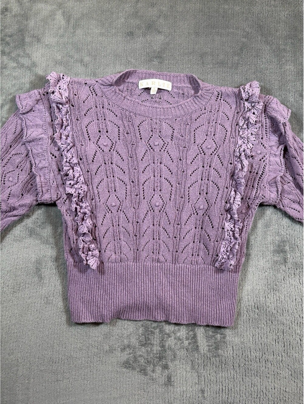 Karlie Lavender Ruffle Knit Pullover Sweater Crew Neck Women's Size S Coquette